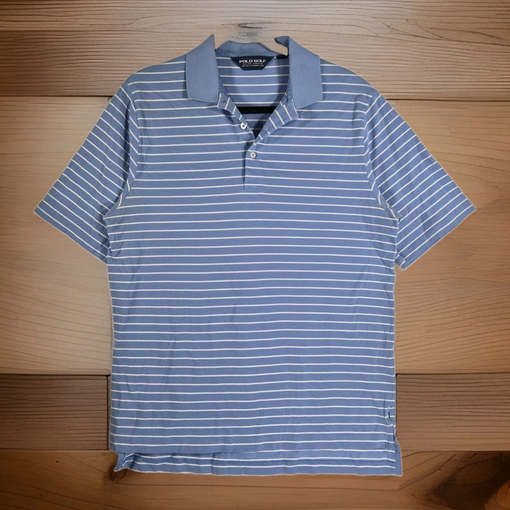 Polo Golf Ralph Lauren Men's Medium Blue White Striped Polo‎ Shirt Short..